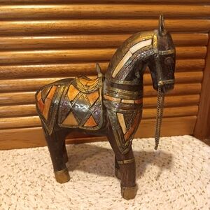 Vintage MCM Trojan Horse... Inlaid With Wood, Copper, and Brass